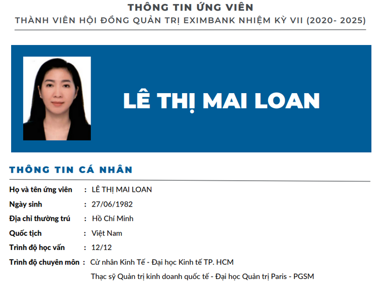 B&agrave; L&ecirc; Thị Mai Loan ứng cử v&agrave;o vị tr&iacute; th&agrave;nh vi&ecirc;n HĐQT Eximbank.