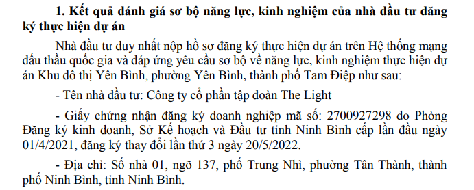CTCP Tập đo&agrave;n The Light l&agrave; nh&agrave; đầu tư duy nhất nộp hồ sơ đăng k&yacute; thực hiện dự &aacute;n Khu đ&ocirc; thị Y&ecirc;n B&igrave;nh.