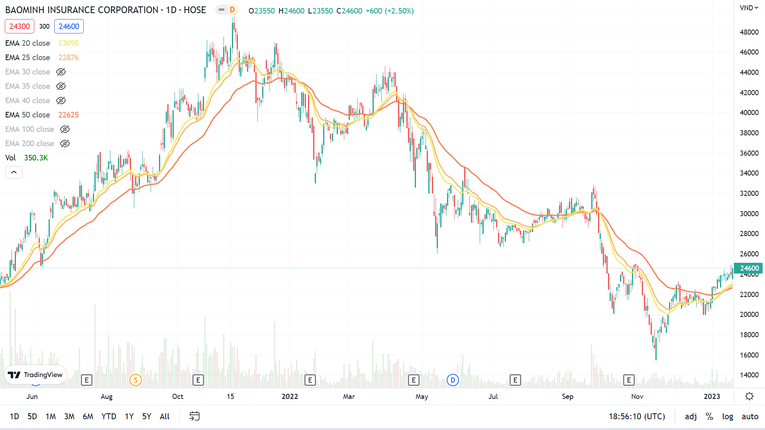 Cổ phiếu BMI đang chứng kiến một đ&agrave; tăng trưởng t&iacute;ch cực trong những ng&agrave;y giao dịch đầu năm mới. Ảnh: TradingView