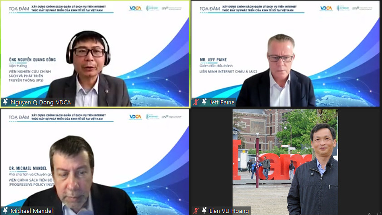 C&aacute;c diễn giả tham gia tọa đ&agrave;m &ldquo;X&acirc;y dựng ch&iacute;nh s&aacute;ch quản l&yacute; dịch vụ tr&ecirc;n internet th&uacute;c đẩy sự ph&aacute;t triển của kinh tế số tại Việt Nam&rdquo;, s&aacute;ng 17/02.