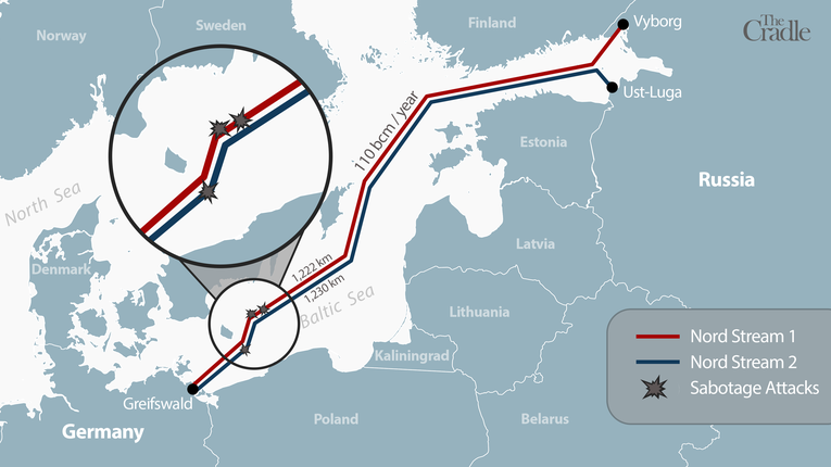 C&aacute;c điểm ghi nhận r&ograve; rỉ tr&ecirc;n đường ống dẫn dầu Nord Stream 1 v&agrave; 2. Ảnh: The Cradle