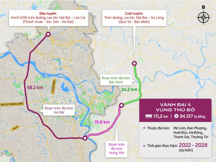 Dự kiến khởi c&ocirc;ng dự &aacute;n đường V&agrave;nh đai 4 v&ugrave;ng Thủ đ&ocirc; v&agrave;o th&aacute;ng 6/2023. Nguồn: Nh&agrave; đất Bắc Ninh.