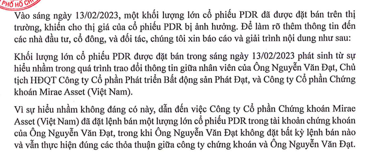 Th&ocirc;ng c&aacute;o b&aacute;o ch&iacute; của PDR. Ảnh: Ph&aacute;t Đạt