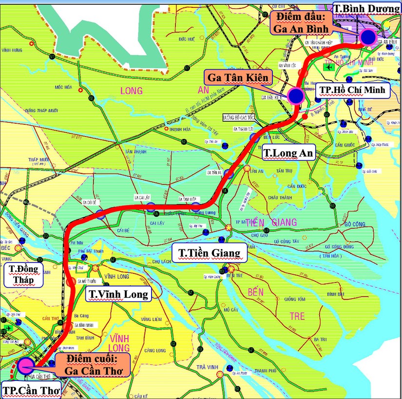 Hướng tuyến dự &aacute;n đường sắt TP.HCM - Cần Thơ