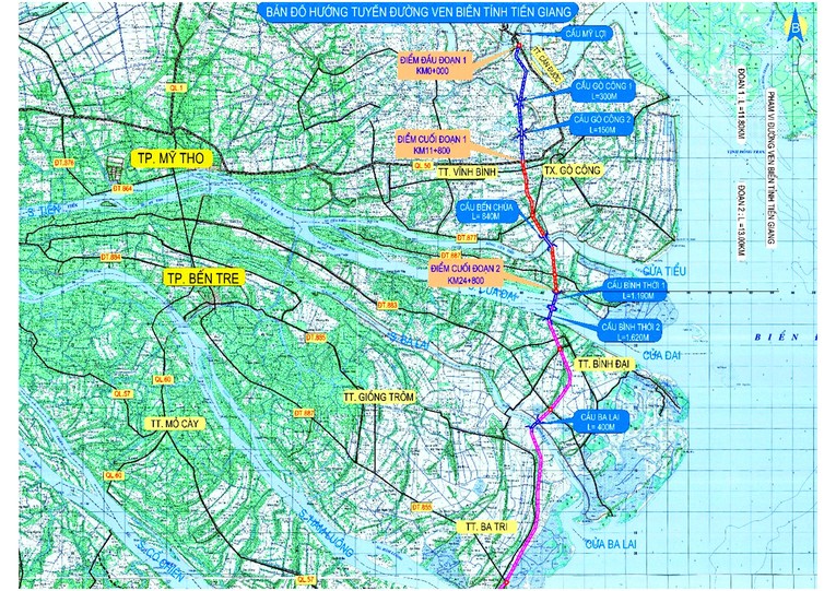 Sơ đồ tuyến đường ven biển đoạn qua tỉnh Bến Tre (m&agrave;u t&iacute;m). Ảnh: B&aacute;o Long An