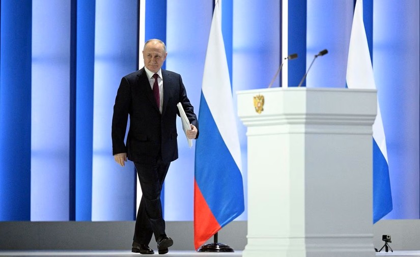 Tổng thống Nga Vladimir Putin trong buổi đọc Th&ocirc;ng điệp Li&ecirc;n bang, ng&agrave;y 21/2. Ảnh: Reuters