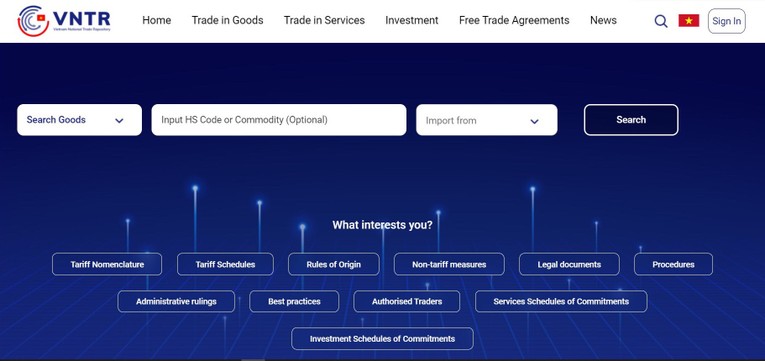 Giao diện Cổng th&ocirc;ng tin cơ sở dữ liệu thương mại Việt Nam