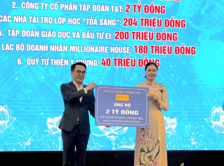 Đại diện l&atilde;nh đạo Tập đo&agrave;n T&amp;amp;amp;amp;T Group (tr&aacute;i) ủng hộ 2 tỷ đồng cho Trung t&acirc;m c&ocirc;ng t&aacute;c x&atilde; hội v&agrave; Quỹ bảo trợ trẻ em H&agrave; Nội nhằm hỗ trợ trẻ em c&oacute; ho&agrave;n cảnh đặc biệt, ho&agrave;n cảnh kh&oacute; khăn.