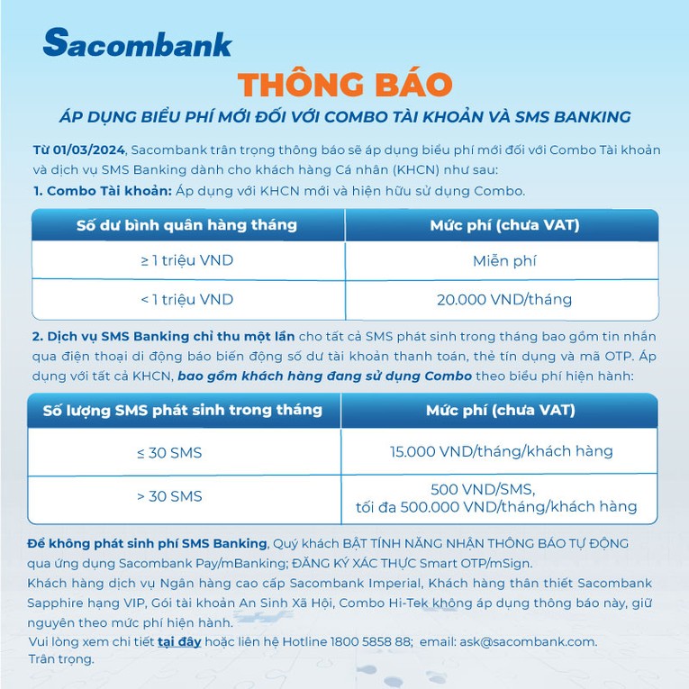 Bảng ph&iacute; SMS Banking mới cập nhật tại Sacombank.