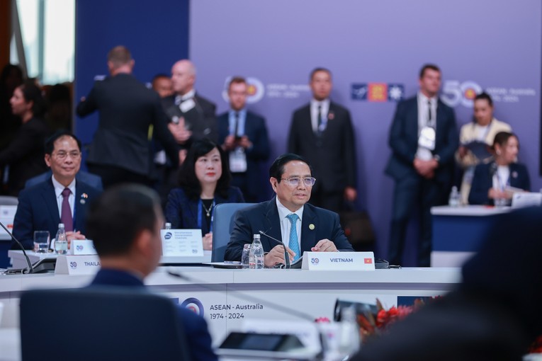 Thủ tướng Phạm Minh Ch&iacute;nh tại Hội nghị Cấp cao Đặc biệt kỷ niệm 50 năm quan hệ ASEAN - Australia. Ảnh: VGP