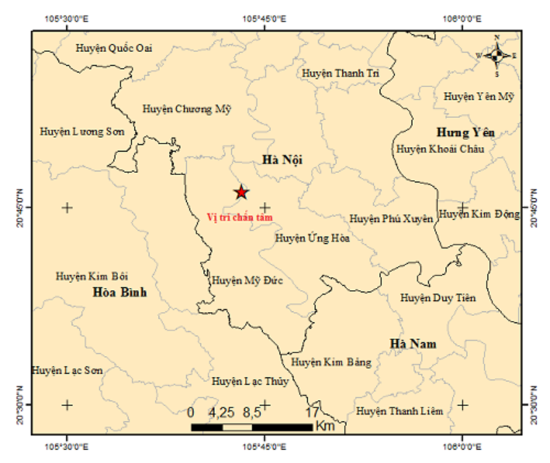 Vị tr&iacute; trận động đất s&aacute;ng nay tại H&agrave; Nội. Ảnh: Viện Vật l&yacute; địa cầu.