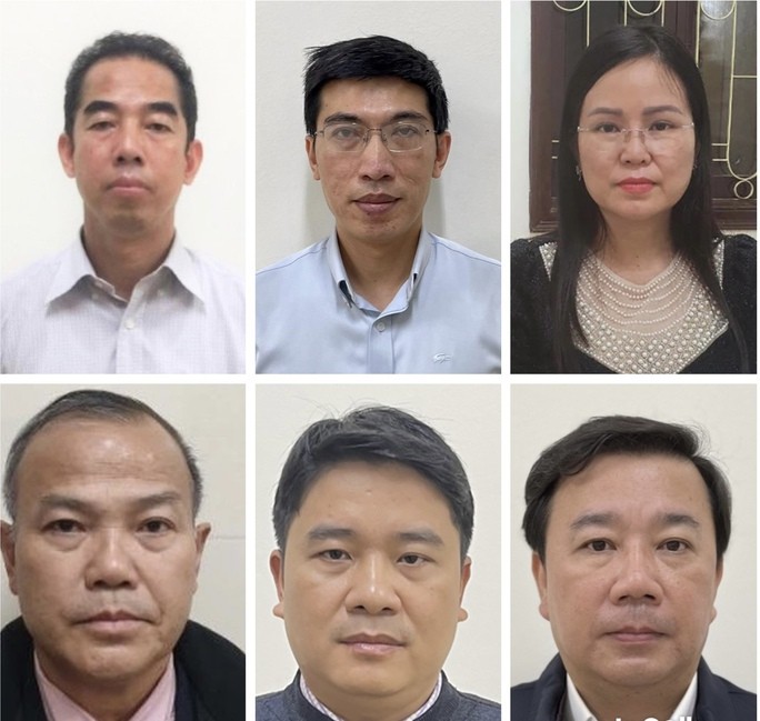 C&aacute;c bị can T&ocirc; Anh Dũng, Nguyễn Quang Linh, Nguyễn Thị Hương Lan, V&otilde; Hồng Nam, Trần Văn T&acirc;n v&agrave; Chử Xu&acirc;n Dũng (từ tr&aacute;i qua phải, từ tr&ecirc;n xuống dưới). Ảnh: Bộ C&ocirc;ng an.