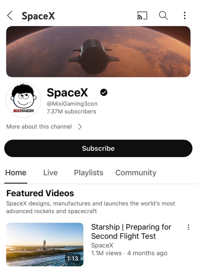 Kênh YouTube của streamer Độ Mixi bị đổi tên thành SpaceX