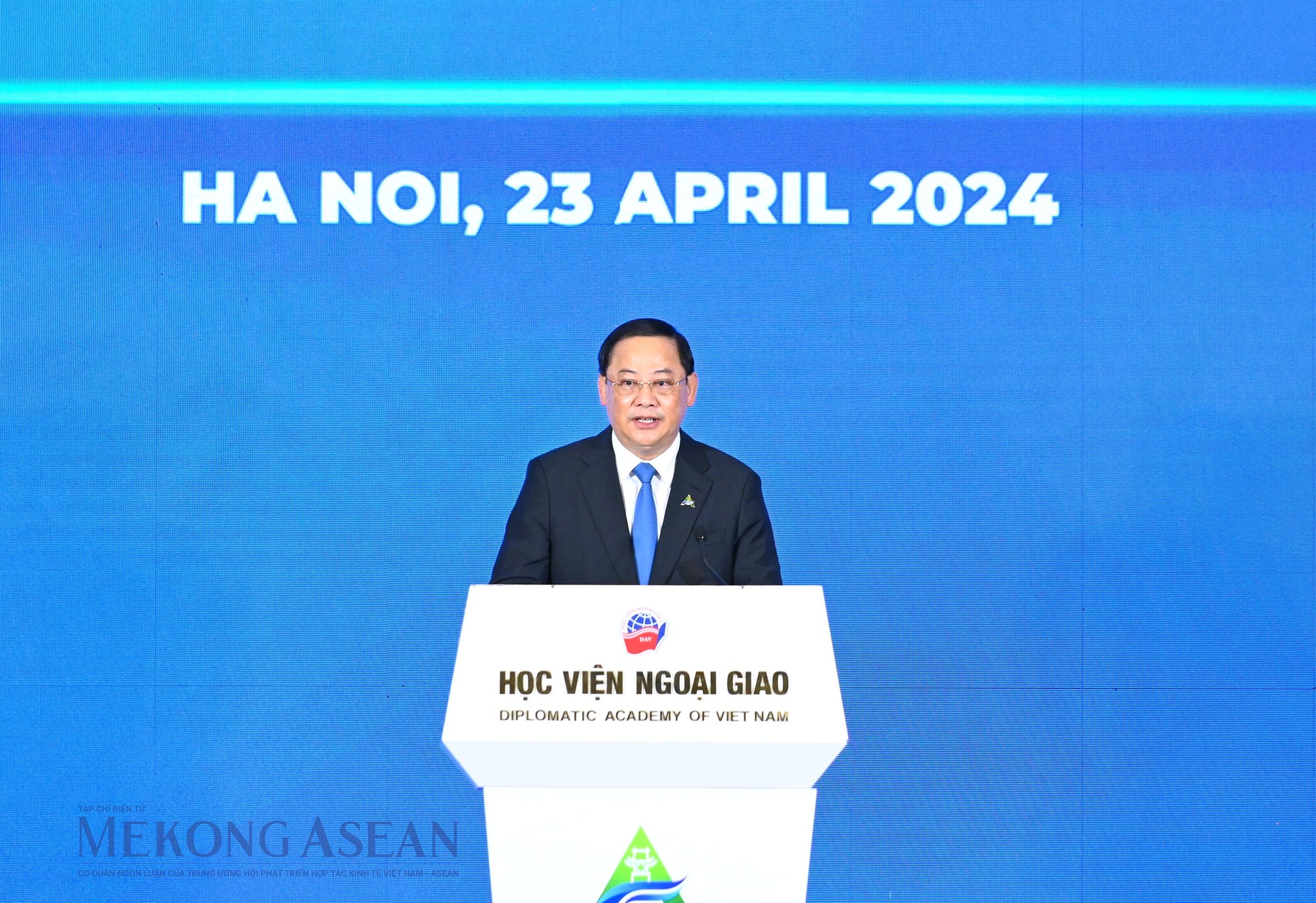Thủ tướng L&agrave;o Sonexay Siphandone ph&aacute;t biểu với vai tr&ograve; L&agrave;o l&agrave; nước Chủ tịch ASEAN 2024. Ảnh: Đỗ Thảo - Mekong ASEAN