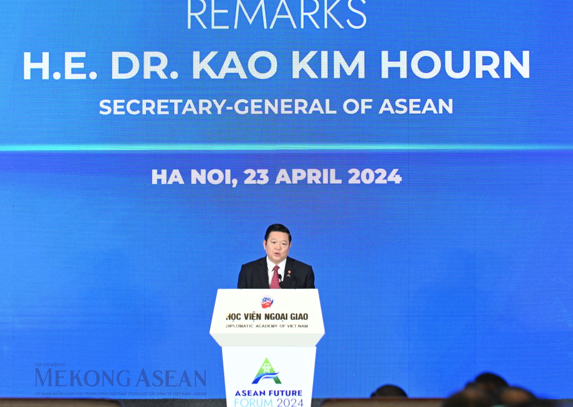 Tổng Thư k&yacute; ASEAN Kao Kim Hourn ph&aacute;t biểu tại Diễn đ&agrave;n Tương lai ASEAN ng&agrave;y 23/4/2024. Ảnh: Đỗ Thảo - Mekong ASEAN