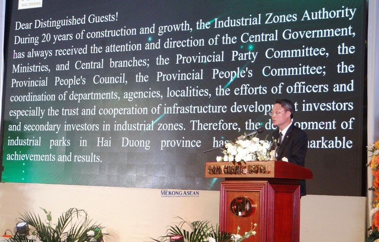 Trưởng Ban Quản l&yacute; c&aacute;c khu c&ocirc;ng nghiệp tỉnh Hải Dương Nguyễn Trung Ki&ecirc;n ph&aacute;t biểu tại buổi lễ.