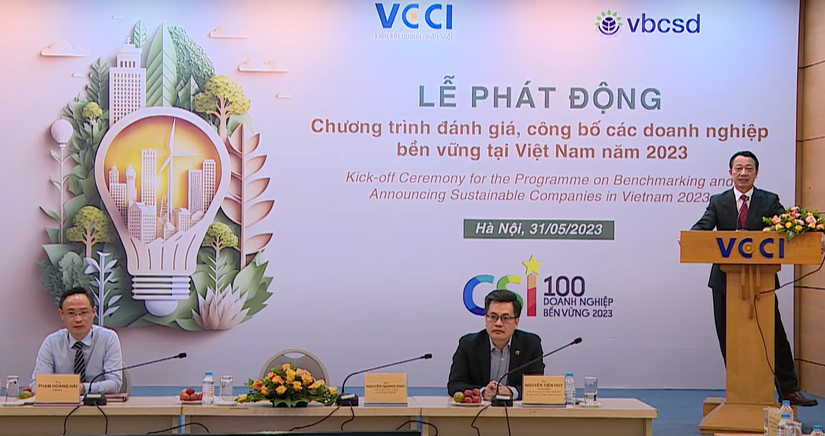 Lễ ph&aacute;t động Chương tr&igrave;nh Đ&aacute;nh gi&aacute;, c&ocirc;ng bố doanh nghiệp bền vững tại Việt Nam năm 2023.