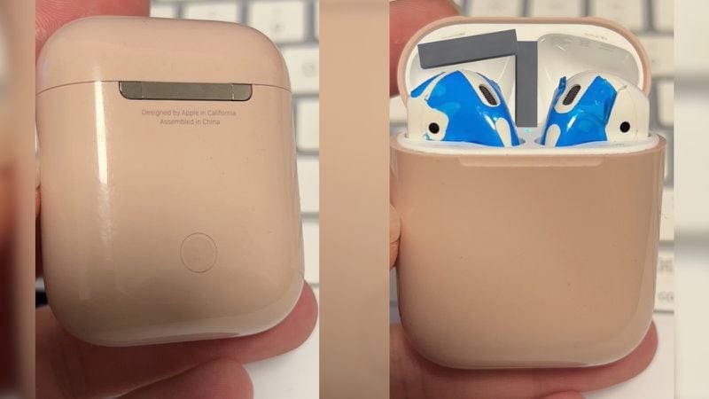 Nguy&ecirc;n mẫu AirPods với vỏ hộp sạc m&agrave;u hồng. Ảnh: Theo Macrumors.
