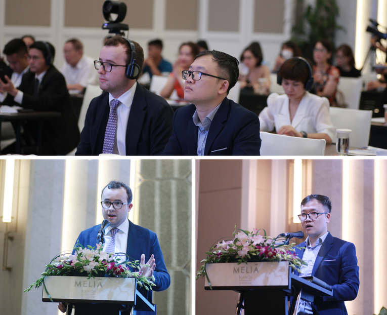 Trưởng ban Thương mại v&agrave; Đầu tư, Đại sứ qu&aacute;n Anh tại H&agrave; Nội Harry Rawicz-Szczerbo v&agrave; Trưởng ph&ograve;ng ASEAN, Vụ ch&iacute;nh s&aacute;ch Thương mại Đa bi&ecirc;n Quyền Anh Ngọc ph&aacute;t biểu tại hội thảo.