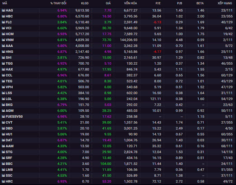 Top cổ phiếu tăng gi&aacute; tr&ecirc;n s&agrave;n HoSE. SSI