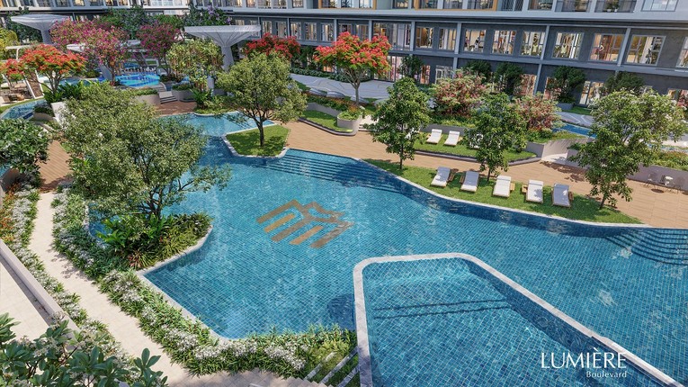 Hồ bơi phi thuyền tại LUMI&Egrave;RE Boulevard trong l&ograve;ng Đại đ&ocirc; thị Vinhomes Grand Park