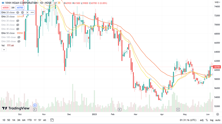 Nếu so với v&ugrave;ng gi&aacute; đỉnh hồi đầu th&aacute;ng 6/2022, cổ phiếu VHC đ&atilde; mất 46% thị gi&aacute;. Tuy nhi&ecirc;n, cổ phiếu cũng đ&atilde; chứng kiến sự phục hồi nhẹ so với v&ugrave;ng đ&aacute;y hồi cuối th&aacute;ng 3/2023. Ảnh: TraidngView