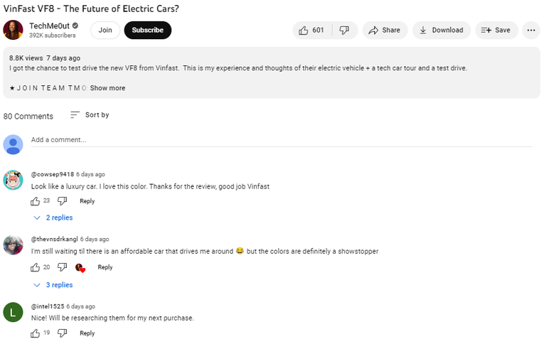 Hầu hết c&aacute;c b&igrave;nh luận dưới video của Techme0ut đều cho thấy sự y&ecirc;u th&iacute;ch đối với mẫu xe VF 8 đến từ Việt Nam (Ảnh chụp m&agrave;n h&igrave;nh)