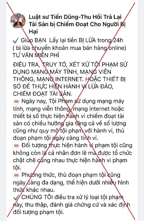 Một t&agrave;i khoản giả danh luật sư đăng b&agrave;i hỗ trợ nạn nh&acirc;n thu hồi tiền bị lừa tr&ecirc;n mạng x&atilde; hội.