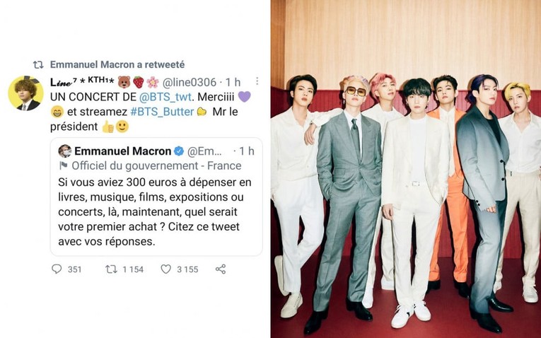 Tổng thống Ph&aacute;p Emmanuel Macron tương t&aacute;c với một người h&acirc;m mộ nh&oacute;m nhạc BTS tr&ecirc;n Twitter. Ảnh: allkpop