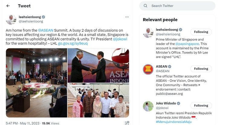 Một b&agrave;i đăng về Hội nghị Cấp cao ASEAN 2023 của Thủ tướng Singapore L&yacute; Hiển Long tr&ecirc;n Twitter c&oacute; tag t&agrave;i khoản Twitter ch&iacute;nh thức của ASEAN v&agrave; Tổng thống Indonesia Joko Widodo.