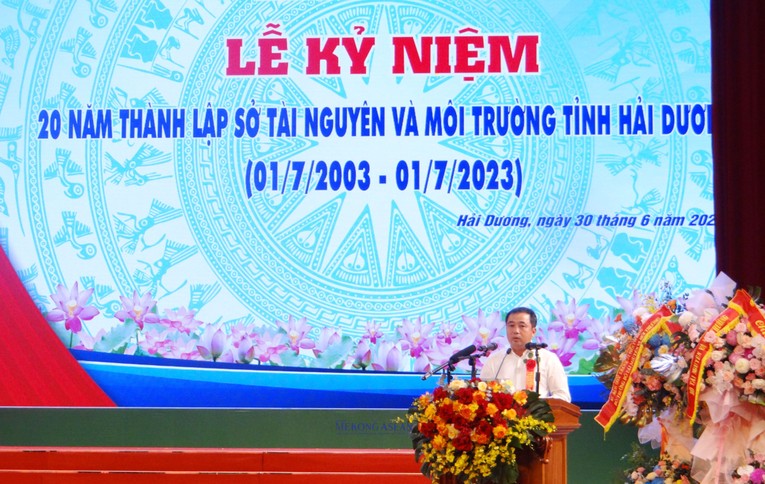 B&iacute; thư Tỉnh ủy Hải Dương Trần Đức Thắng ph&aacute;t biểu tại lễ kỷ niệm.