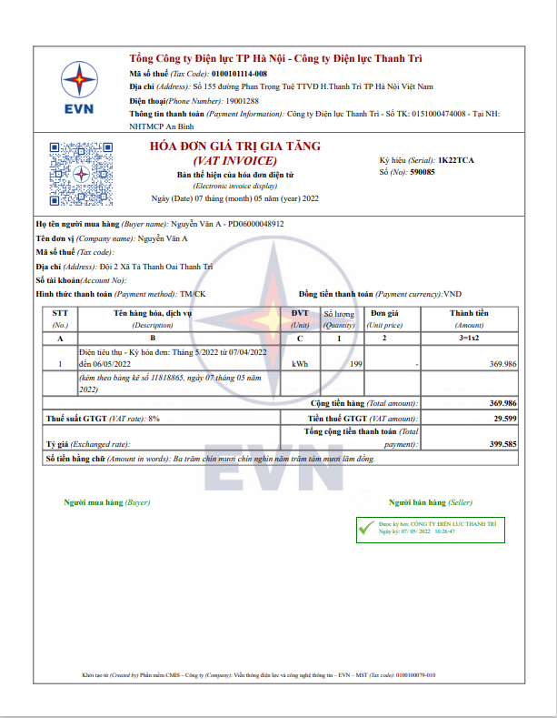 Mẫu h&oacute;a đơn GTGT điện tử. Nguồn: EVN.