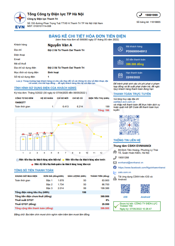 Mẫu h&oacute;a đơn tiền điện điện tử. Nguồn: EVN.