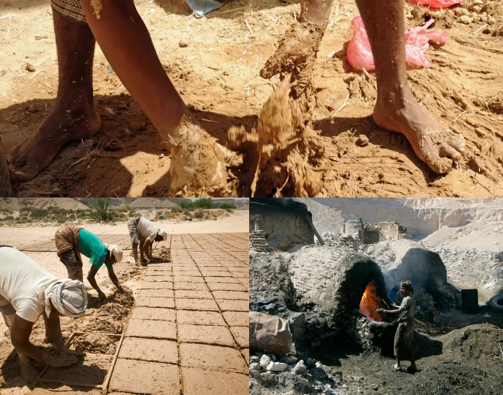 Qu&aacute; tr&igrave;nh l&agrave;m ra những vi&ecirc;n gạch b&ugrave;n đất của người Yemen: nh&agrave;o trộn đất v&agrave; cỏ kh&ocirc;, tạo h&igrave;nh, nung n&oacute;ng, phơi nắng. Ảnh: Getty Images