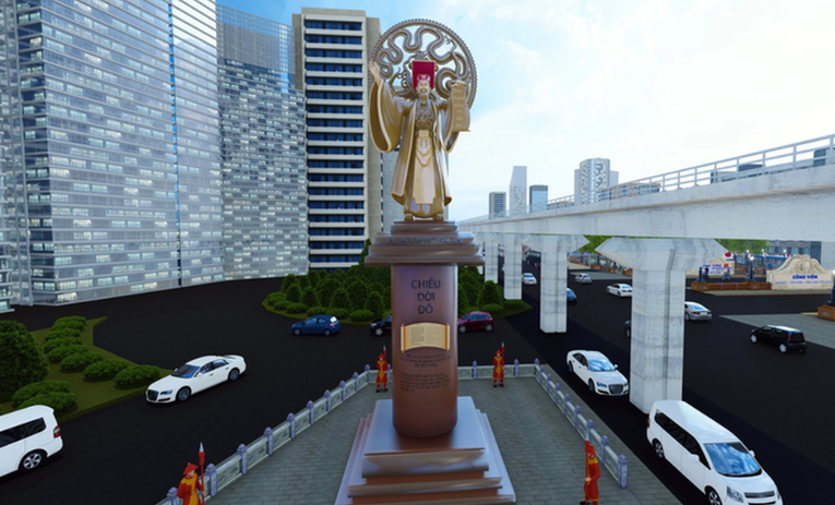 Trong phối cảnh 3D của đề xuất, Tượng đ&agrave;i Đức Vua L&yacute; Th&aacute;i Tổ được dựng tại nơi hợp lưu của 5 trục đường giao nhau l&agrave; Ho&agrave;ng Quốc Việt - Lạc Long Qu&acirc;n - V&otilde; Ch&iacute; C&ocirc;ng (đường tr&ecirc;n cao) - Ho&agrave;ng Hoa Th&aacute;m - Chợ Bưởi (thượng lưu). Nguồn: JVE Group.