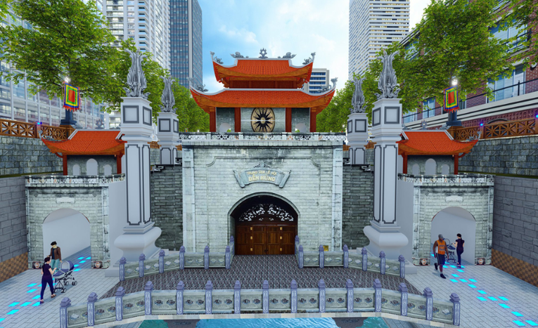 Phối cảnh m&ocirc; h&igrave;nh cổng Trung t&acirc;m Lễ hội Đền H&ugrave;ng tại Khu Thời H&ugrave;ng Vương dựng nổi tr&ecirc;n d&ograve;ng s&ocirc;ng T&ocirc; Lịch. Nguồn: JVE Group.