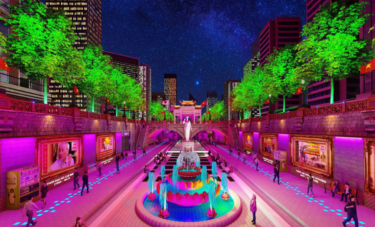 Phối cảnh Tượng đ&agrave;i Chủ tịch Hồ Ch&iacute; Minh tại Khu vực Thời đại Hồ Ch&iacute; Minh tr&ecirc;n C&ocirc;ng vi&ecirc;n lịch sử - văn h&oacute;a - t&acirc;m linh T&ocirc; Lịch. Nguồn: JVE Group.