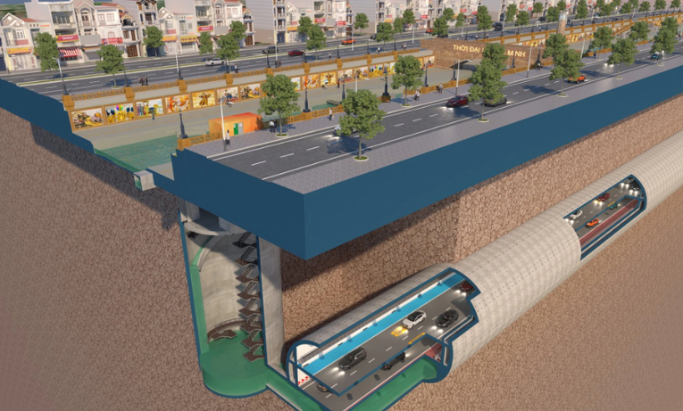 Phối cảnh hầm ngầm chống ngập được đặt s&acirc;u tr&ecirc;n 30m dưới đường Nguyễn Đ&igrave;nh Ho&agrave;n, Quan Hoa, Nguyễn Khang, &hellip; v&agrave; k&eacute;o d&agrave;i tới dưới đường Kim Giang. Nguồn: JVE Group.