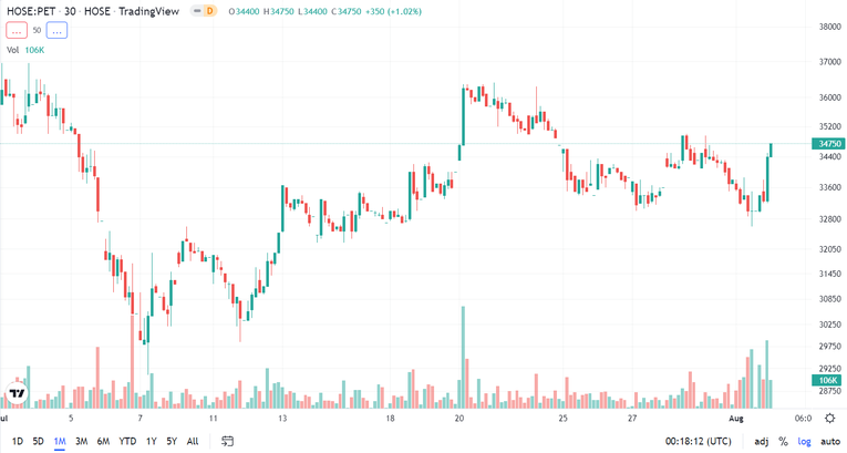 Diễn biến gi&aacute; cổ phiếu PET thời gian gần đ&acirc;y. Nguồn: Trading View.