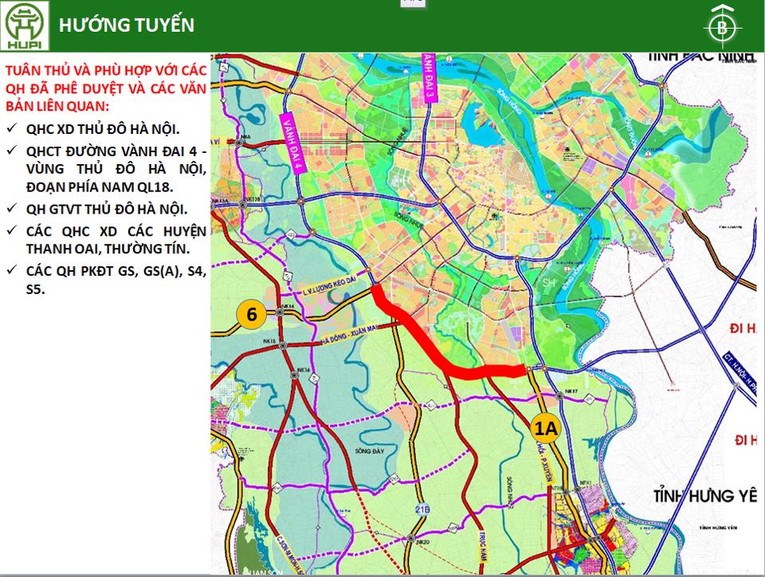 Hướng tuyến V&agrave;nh đai 4, đoạn từ quốc lộ 6 đến quốc lộ 1A.