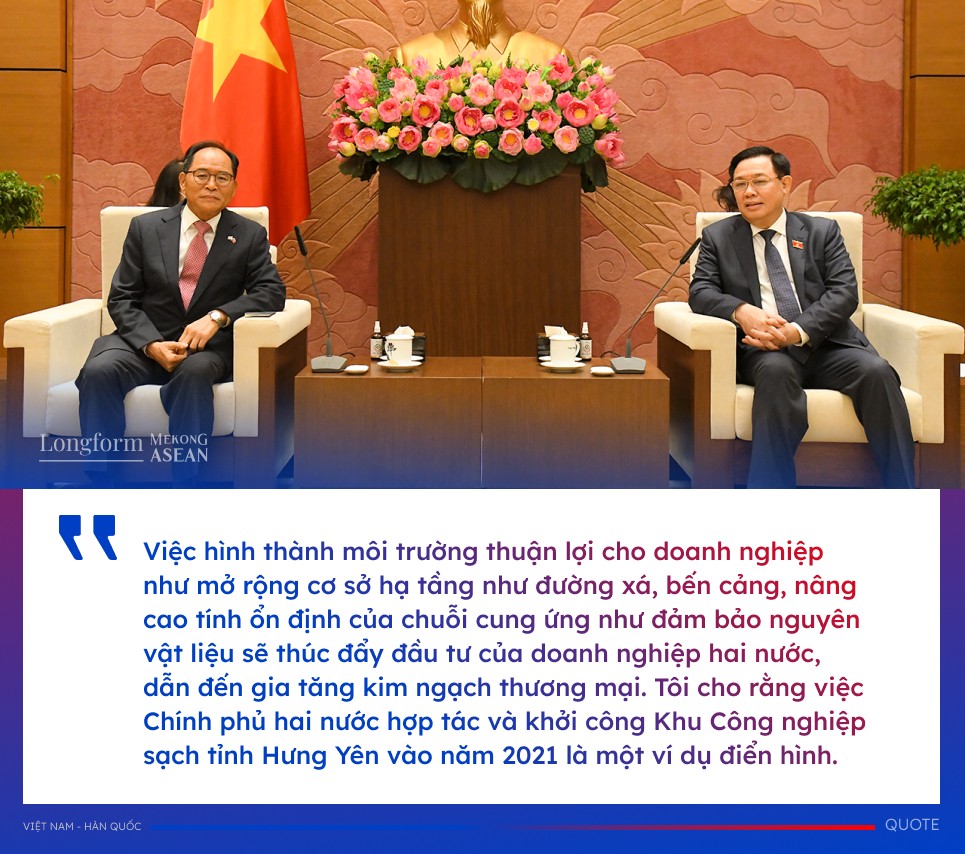 Chủ tịch Quốc hội Vương Đ&igrave;nh Huệ tiếp Đại sứ H&agrave;n Quốc Park Noh-wan năm 2021.