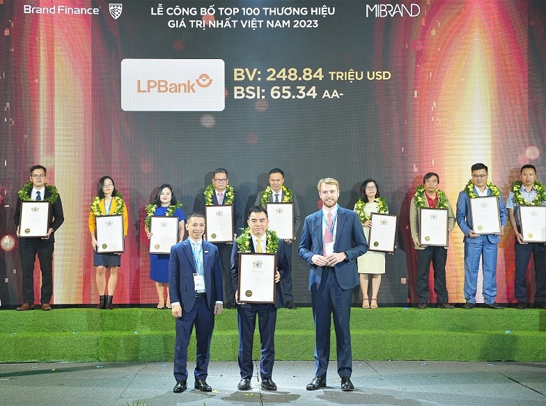 &Ocirc;ng Hồ Nam Tiến, Tổng Gi&aacute;m đốc LPBank (giữa) tại sự kiện vinh danh Top 100 thương hiệu gi&aacute; trị nhất Việt Nam 2023.