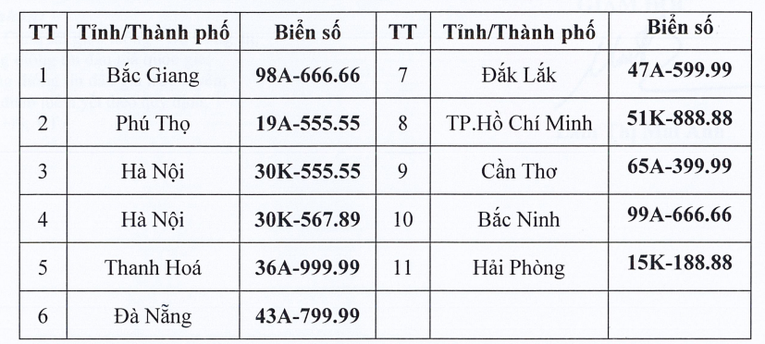 Danh s&aacute;ch c&aacute;c biển số xe được đấu gi&aacute;. Ảnh: VPA