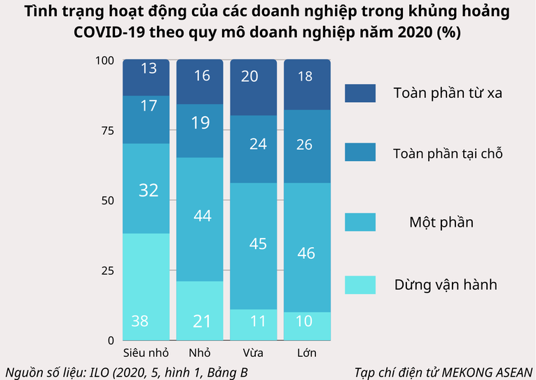 T&igrave;nh trạng hoạt động của c&aacute;c doanh nghiệp trong khủng hoảng COVID-19 theo quy m&ocirc; doanh nghiệp năm 2020 (%)