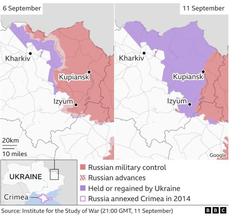 Cục diện mặt trận Kharkov, miền đ&ocirc;ng Ukraine. Ảnh: BBC