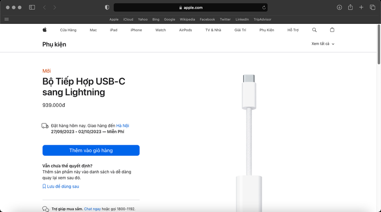 Phụ kiện gi&uacute;p chuyển đổi từ cổng USB-C sang Lightning được mở b&aacute;n tr&ecirc;n Apple Store tại Việt Nam.