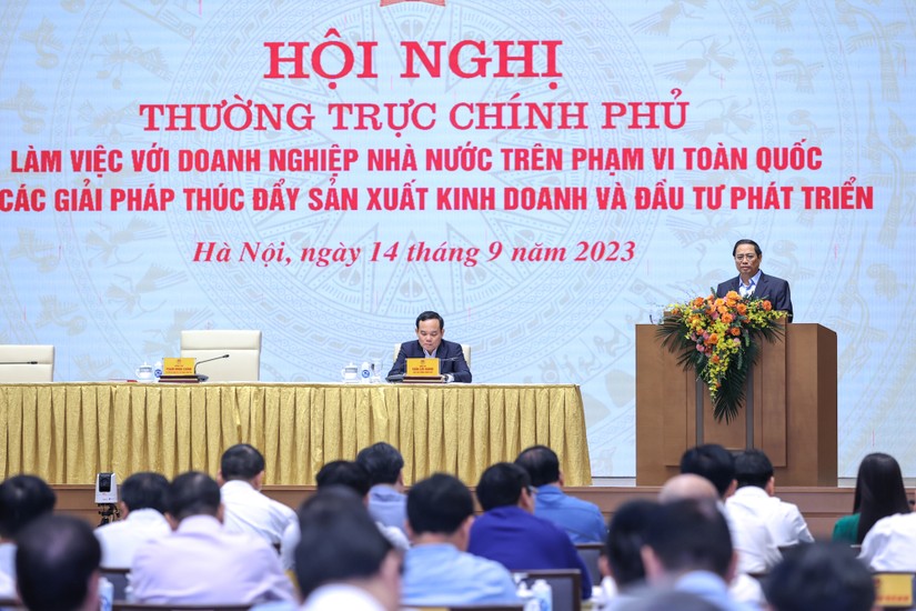 Thủ tướng Phạm Minh Ch&iacute;nh chủ tr&igrave; Hội nghị của Thường trực Ch&iacute;nh phủ l&agrave;m việc với doanh nghiệp Nh&agrave; nước về c&aacute;c giải ph&aacute;p th&uacute;c đẩy sản xuất kinh doanh v&agrave; đầu tư ph&aacute;t triển - Ảnh: VGP