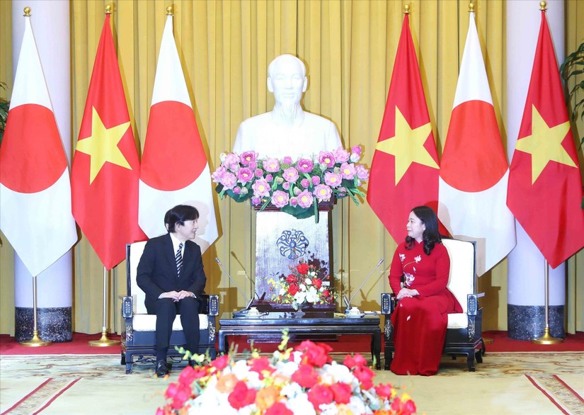 Ph&oacute; Chủ tịch nước V&otilde; Thị &Aacute;nh Xu&acirc;n cuộc hội đ&agrave;m với Ho&agrave;ng Th&aacute;i tử v&agrave; C&ocirc;ng nương Nhật Bản. Ảnh: TTXVN