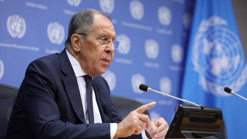 Ngoại trưởng Nga Sergey Lavrov tổ chức cuộc họp b&aacute;o tại trụ sở Li&ecirc;n Hợp Quốc ở New York, Mỹ ng&agrave;y 23/9/2023. Ảnh: Sputnik