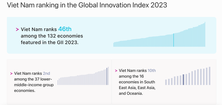 Tổ chức Sở hữu tr&iacute; tuệ thế giới ghi nhận năm 2023 Việt Nam xếp hạng 46/132 quốc gia, nền kinh tế về chỉ số đổi mới s&aacute;ng tạo to&agrave;n cầu. Ảnh: Global Innovation Index 2023.